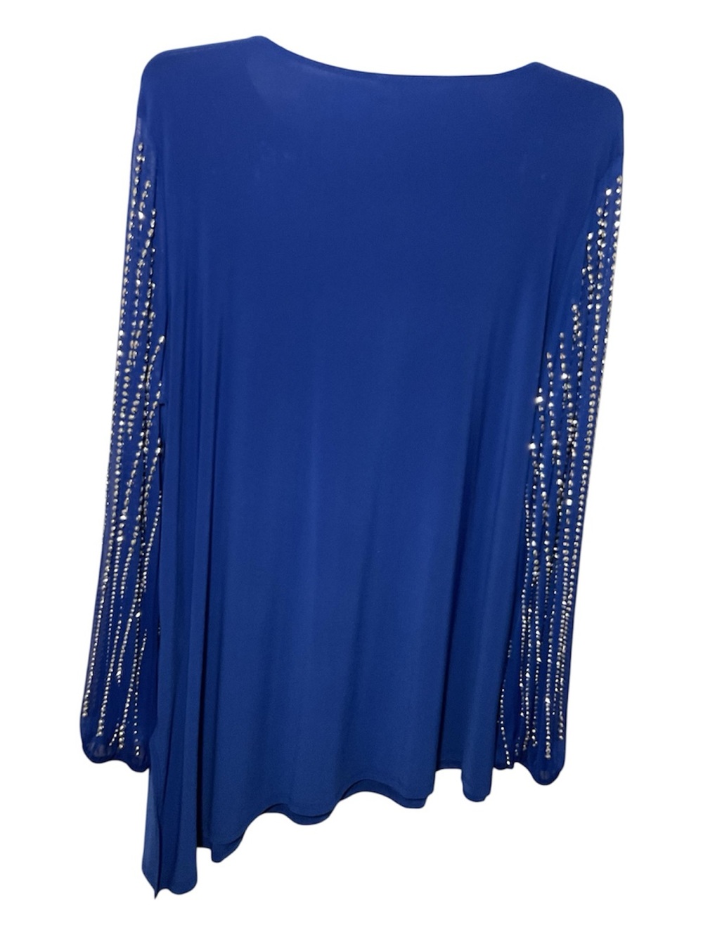 Marina 20W Royal Blue Rhinestone Sleeve Asymmetrical Formal Dress - Picture 4 of 6
